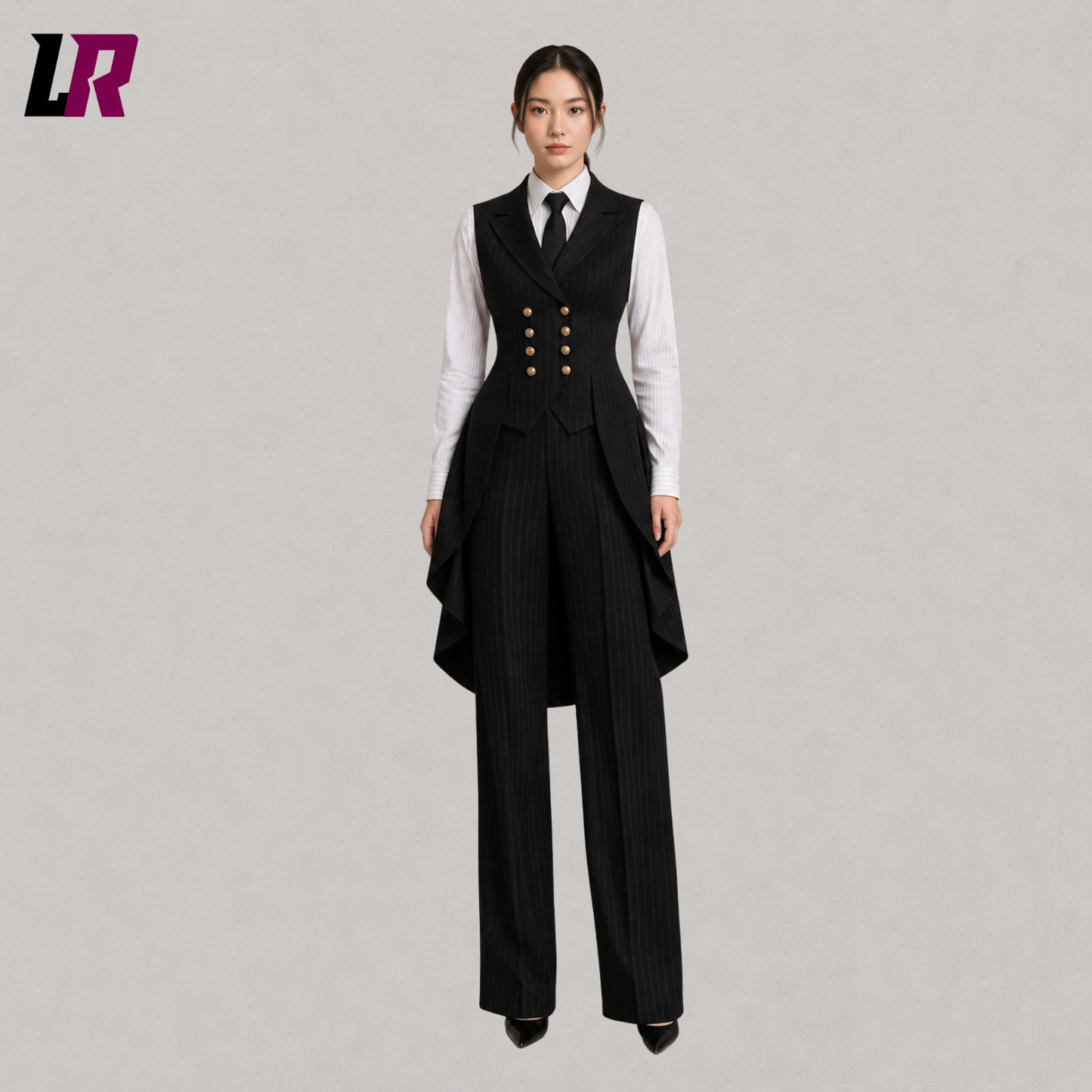 Full front view of women's black pinstripe Victorian tailcoat suit with elegant formal styling