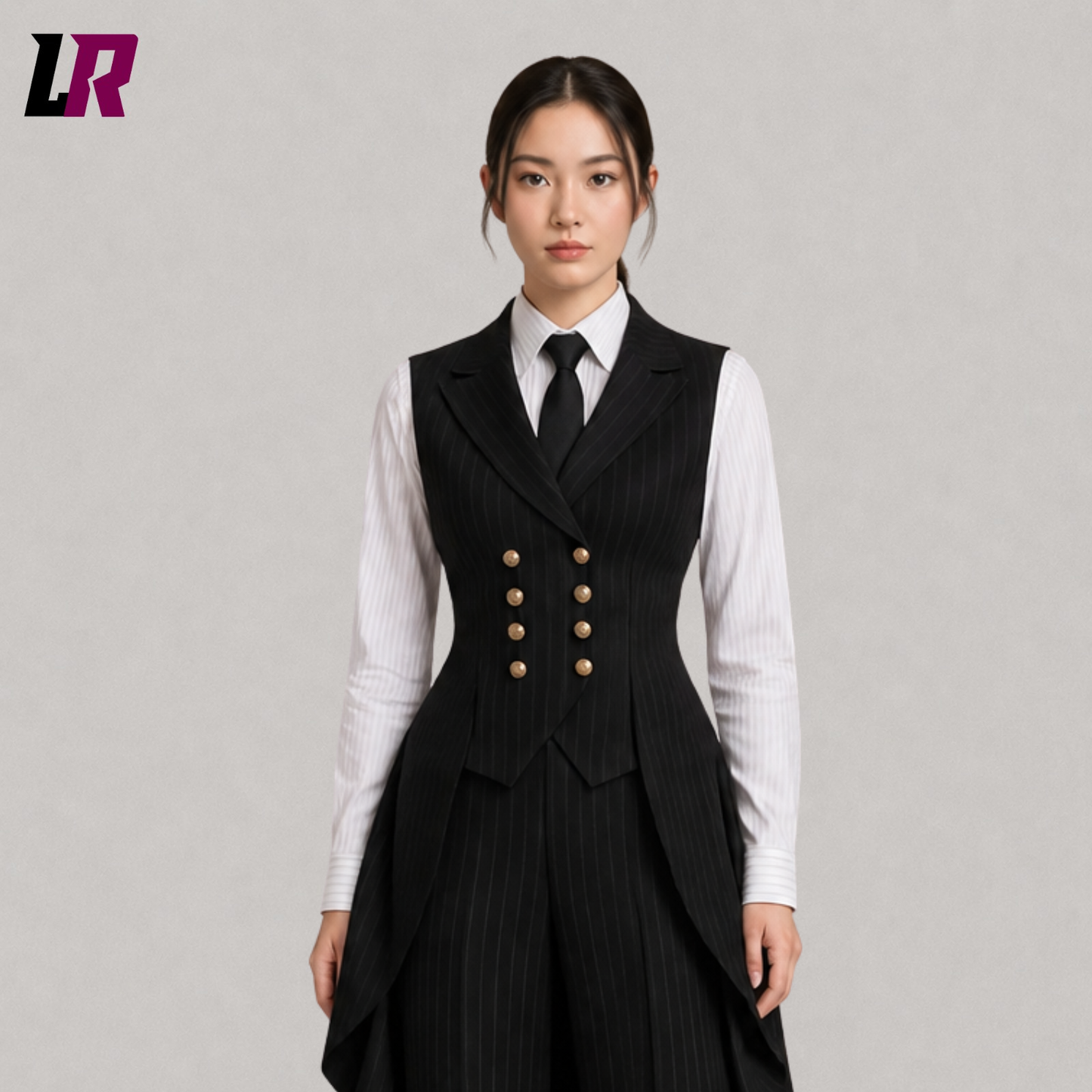 Close-up of women's black pinstripe Gothic tailcoat suit featuring Victorian executive detailing