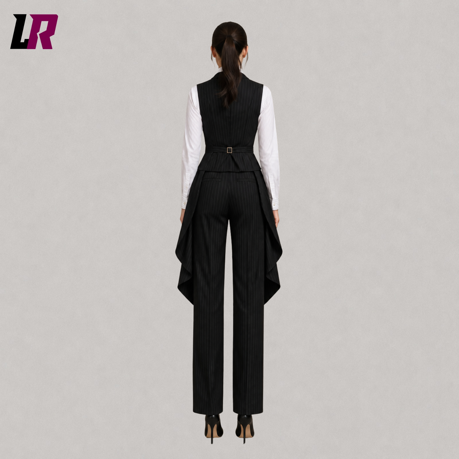 Back view of women's black pinstripe Gothic tailcoat suit showcasing the long Victorian coat design