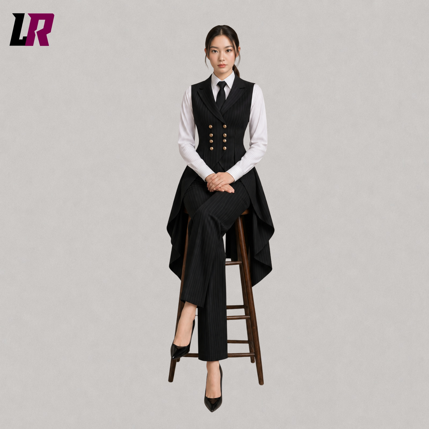 Women's black pinstripe Gothic tailcoat suit with model seated on a stool in a luxury power fashion pose
