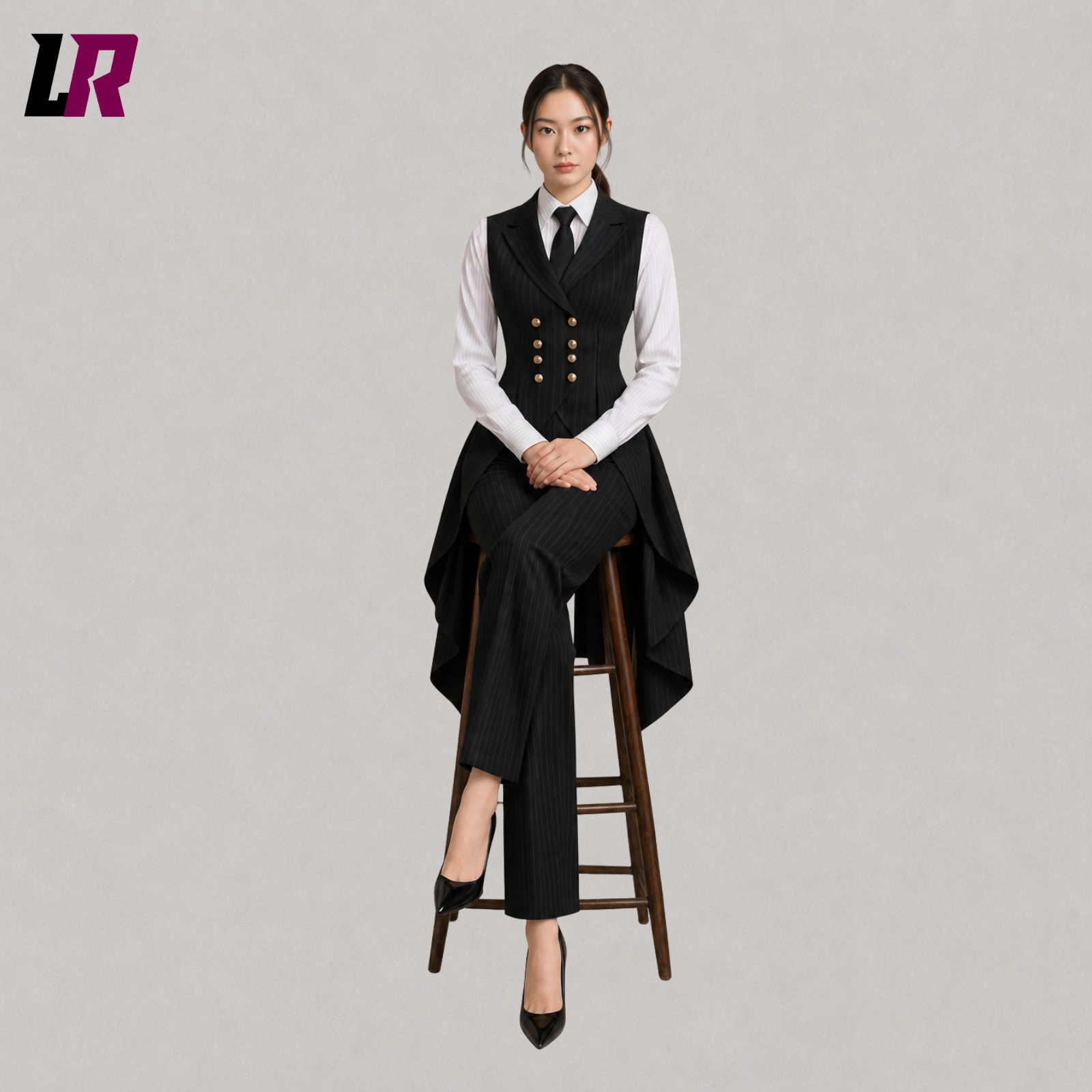 Women's black pinstripe Gothic tailcoat suit with model seated on a stool in a luxury power fashion pose