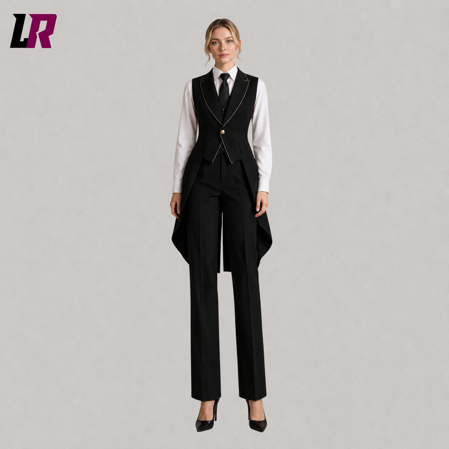 Full front view of women's black Victorian Gothic tailcoat pantsuit with elegant formal styling