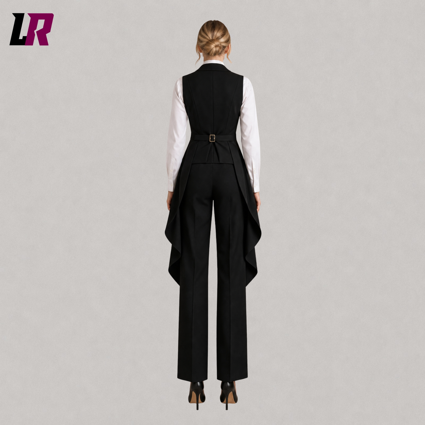 Back view of women's black Victorian tailcoat suit showcasing the long aristocrat coat design