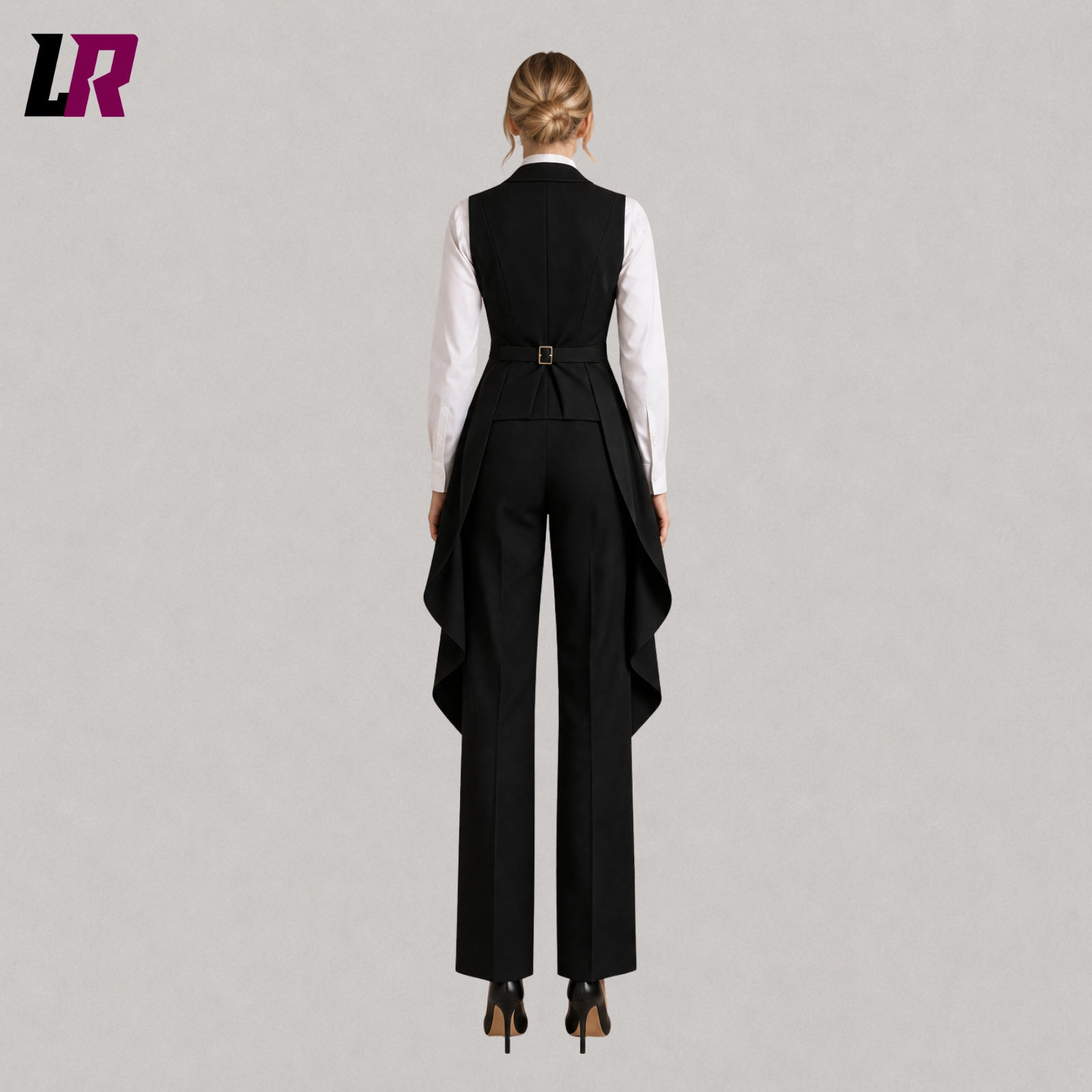 Back view of women's black Victorian tailcoat suit showcasing the long aristocrat coat design