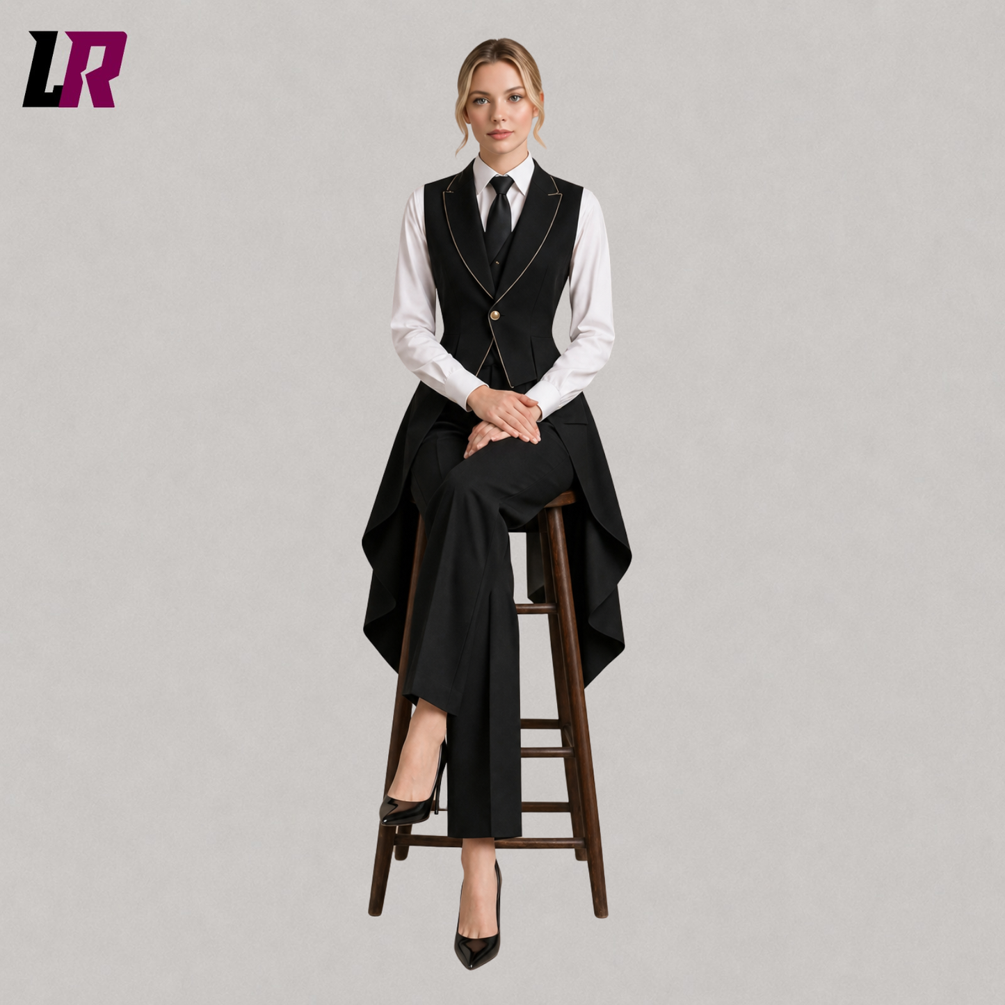 Women's black Victorian Gothic executive pantsuit with model seated on a stool in a luxury formal fashion pose