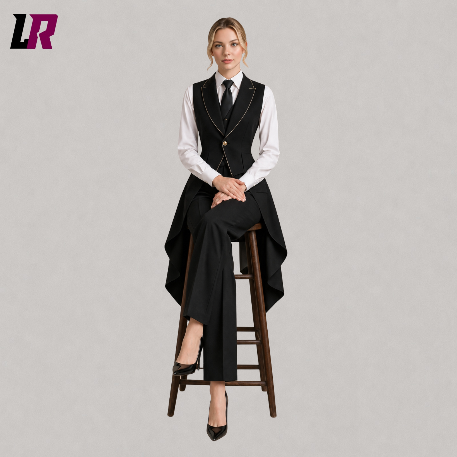 Women's black Victorian Gothic executive pantsuit with model seated on a stool in a luxury formal fashion pose