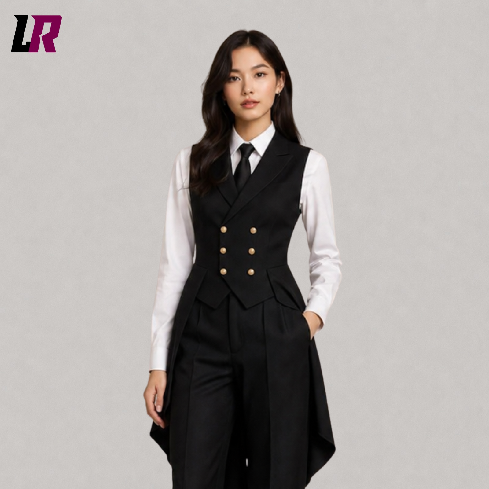 Close-up of women's black Victorian steampunk suit featuring Gothic tailcoat and elegant vest detailing