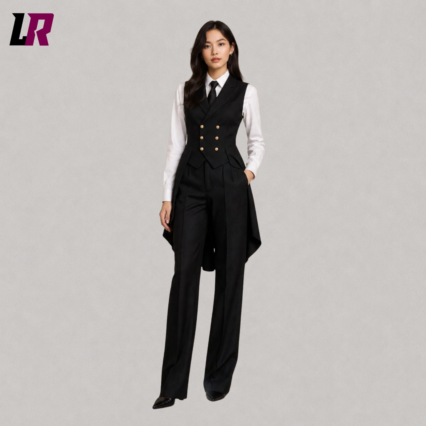 Full front view of women's black Victorian steampunk tailcoat suit with matching vest and formal styling