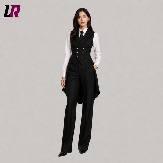 Full front view of women's black Victorian steampunk tailcoat suit with matching vest and formal styling