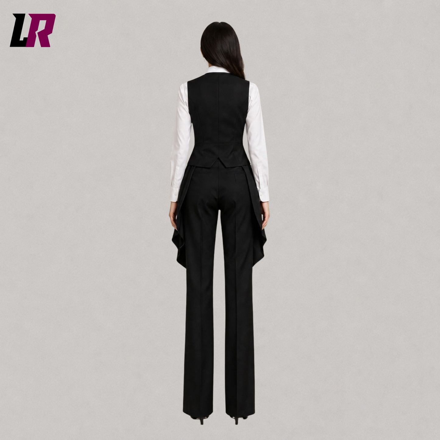Back view of women's black Victorian Gothic tailcoat suit showcasing the elegant long coat design