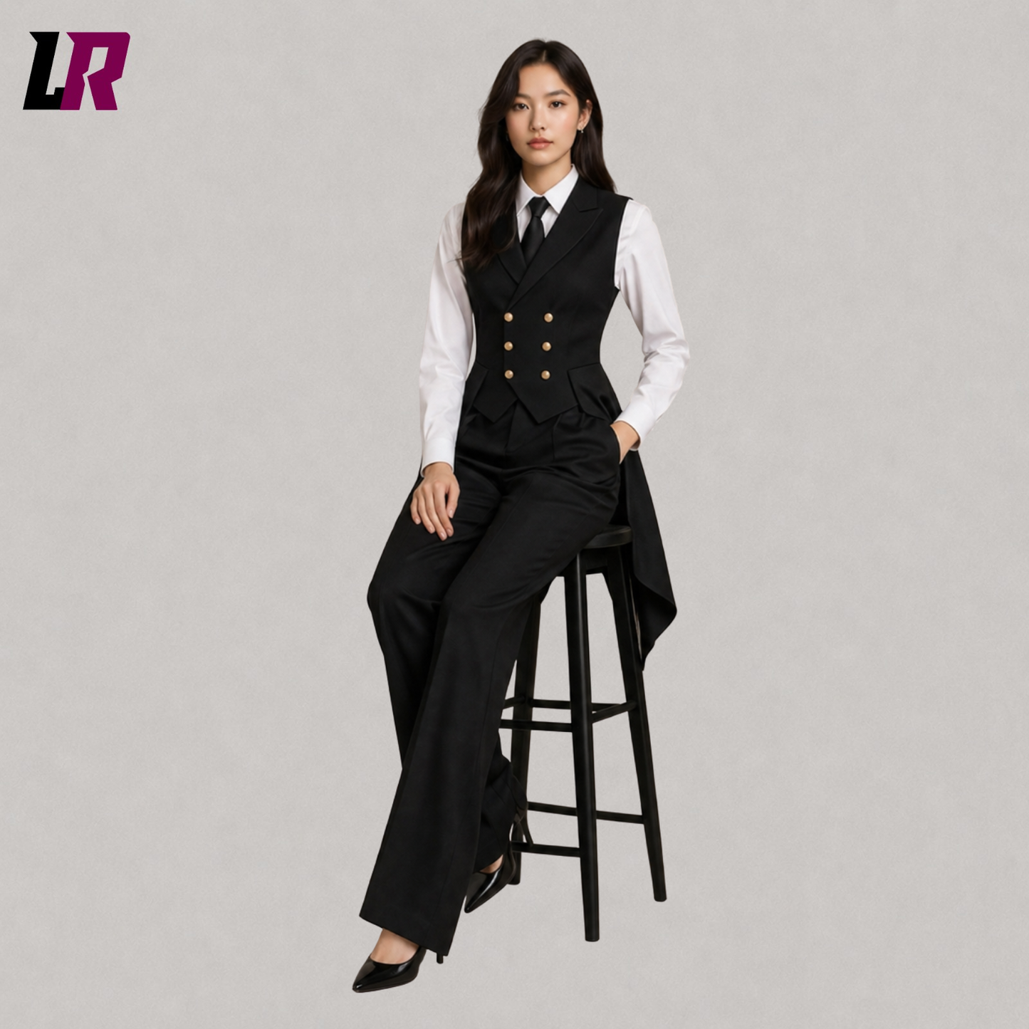 Women's black Victorian steampunk tailcoat suit with model seated on a stool in a luxury aristocrat fashion pose