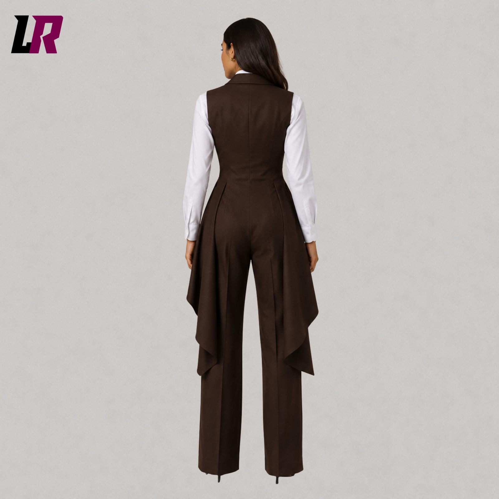 Back view of women's brown Gothic Victorian tailcoat suit showcasing the elegant Edwardian-inspired long coat design
