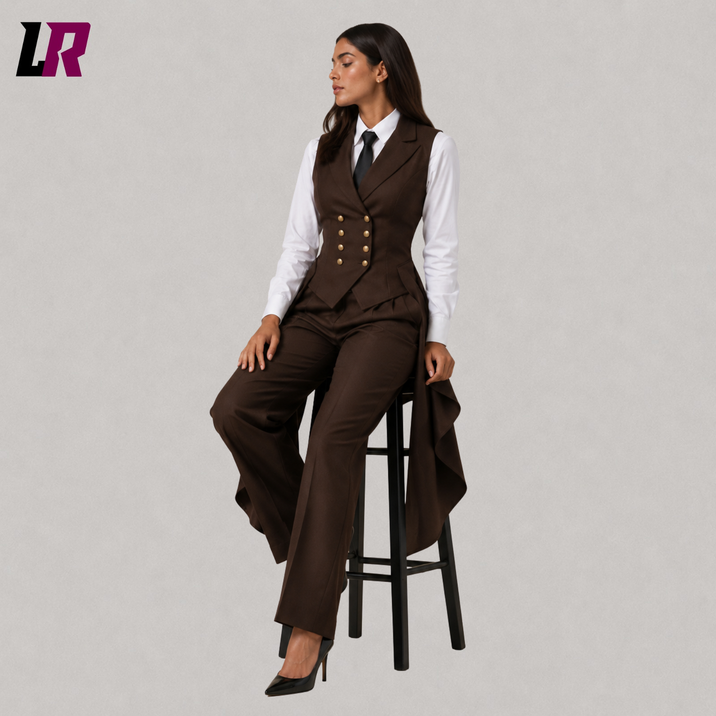 Women's brown Victorian steampunk tailcoat suit with model seated on a stool in a luxury vintage fashion pose
