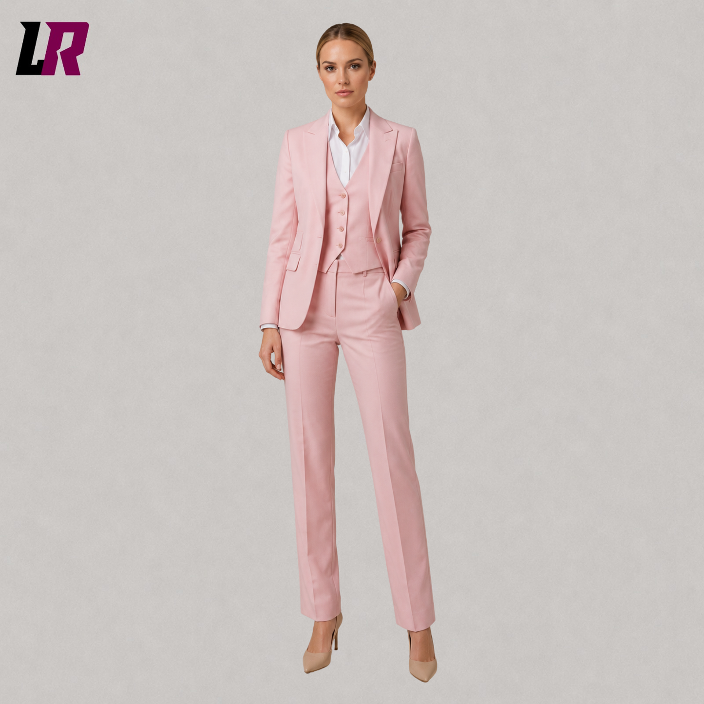 Full front view of women's pink 3-piece tailored suit with blazer, vest, and matching trousers