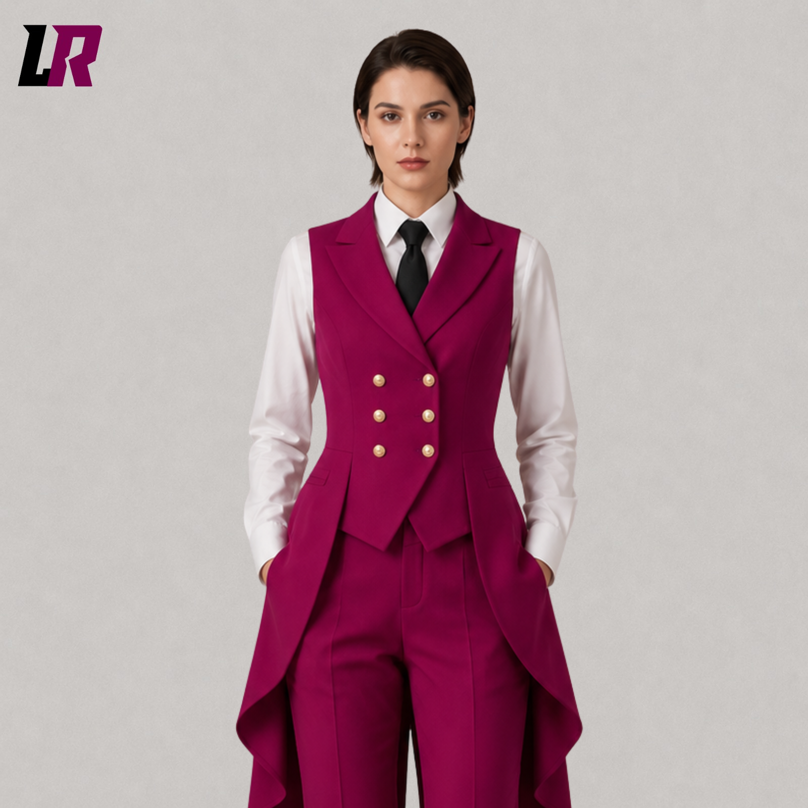 Close-up of women's luxury fuchsia Victorian tailcoat suit featuring elegant designer tailoring details