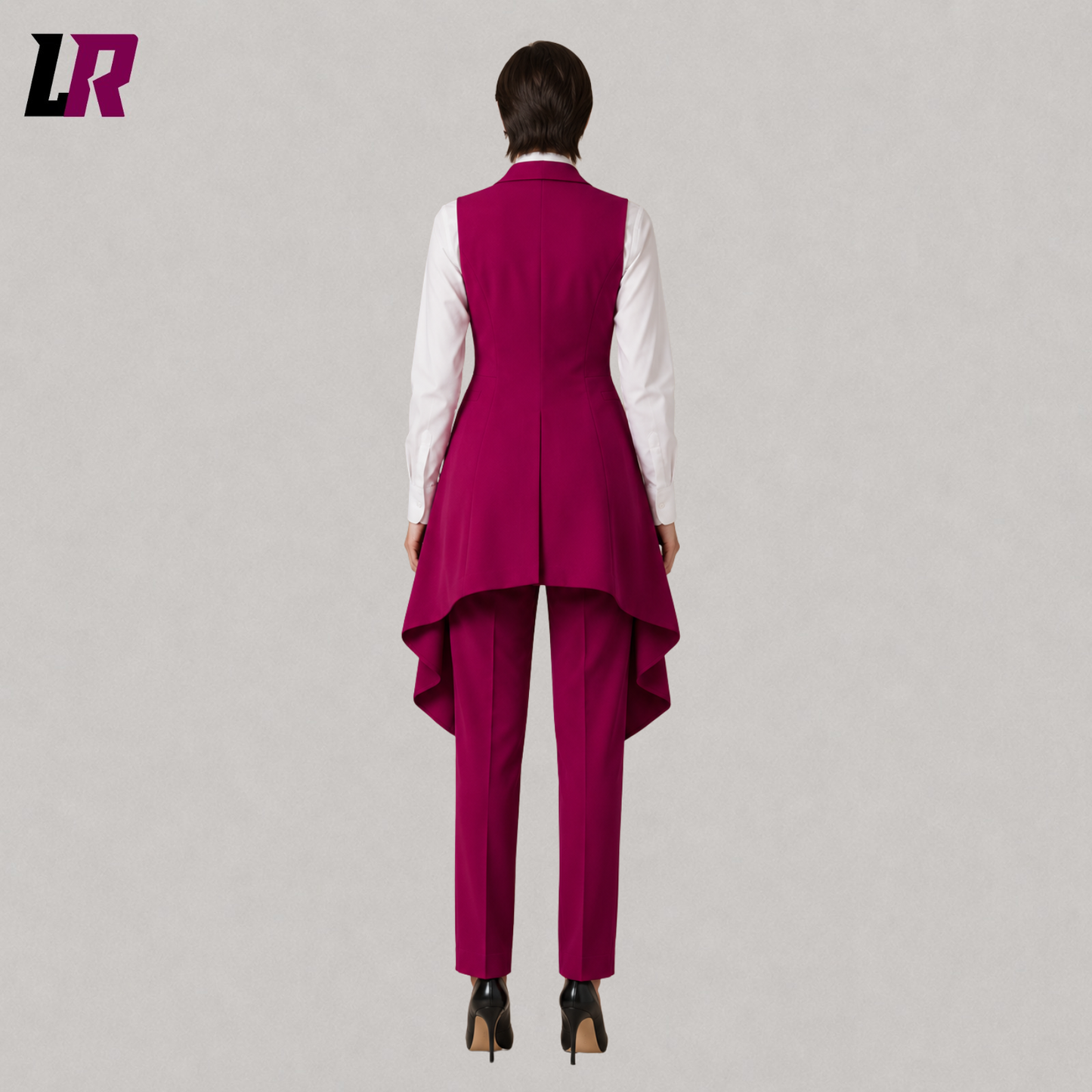 Back view of women's luxury fuchsia tailcoat suit showcasing the elegant Victorian long coat design