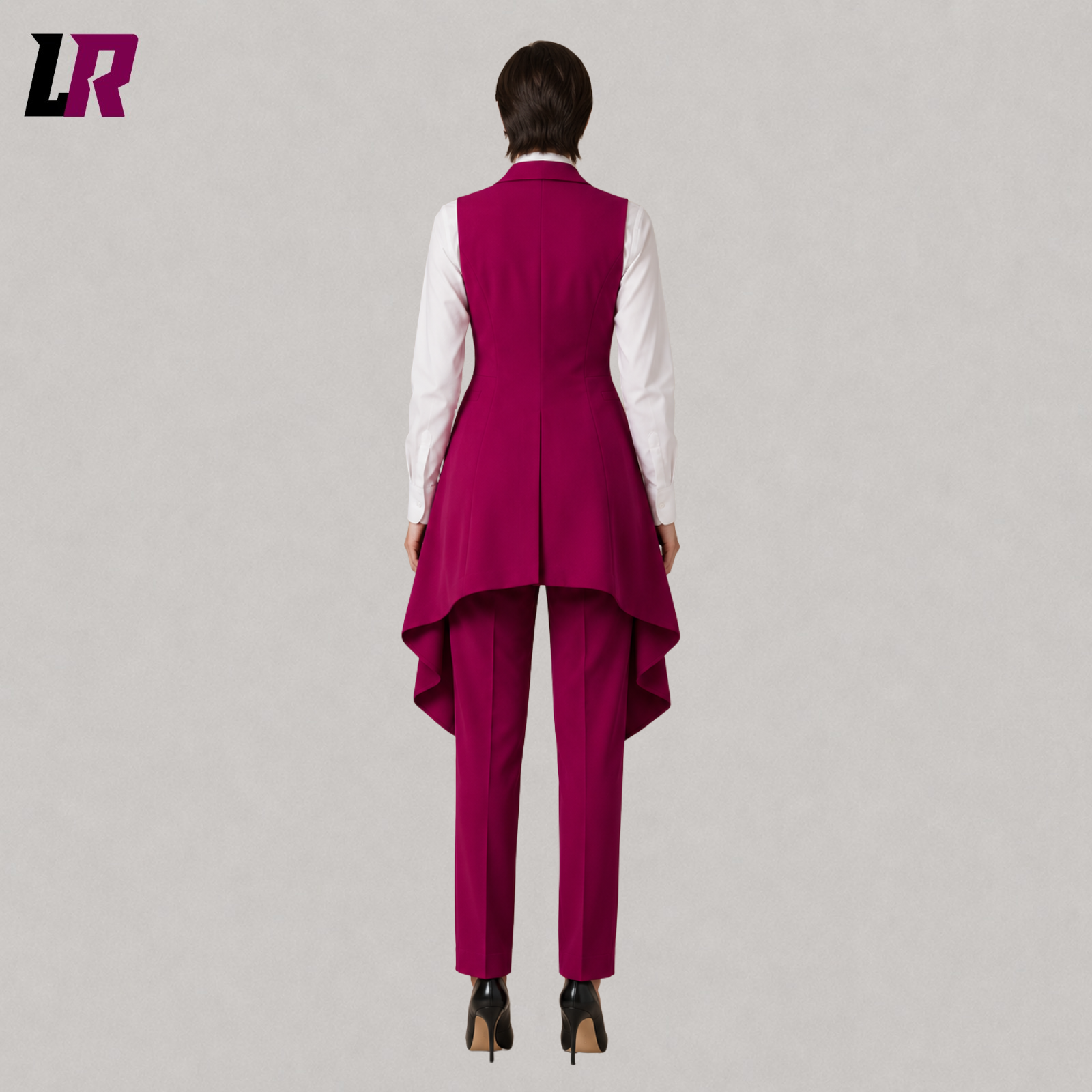 Back view of women's luxury fuchsia tailcoat suit showcasing the elegant Victorian long coat design
