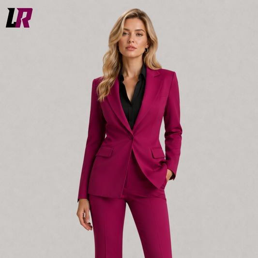 Close-up of women's magenta blazer suit featuring premium tailoring and elegant formal detailing