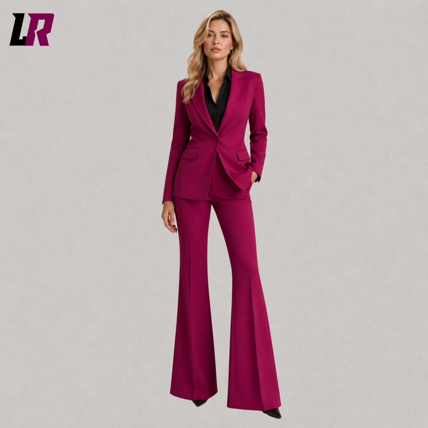 Full front view of women's magenta blazer with matching flare pants in a stylish two-piece suit