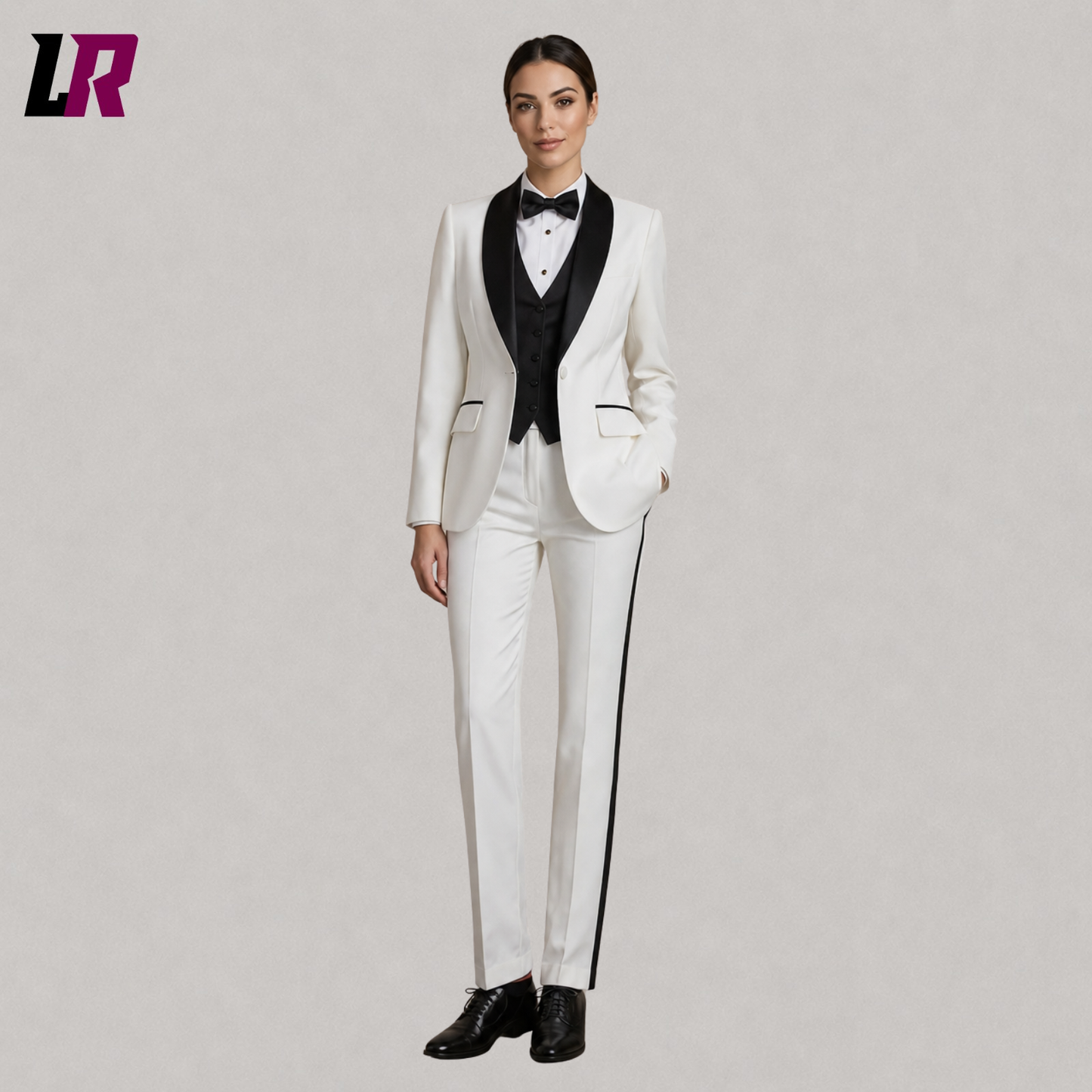 Women wearing a white 3 piece tuxedo suit with black lapel, full body elegant wedding formal outfit