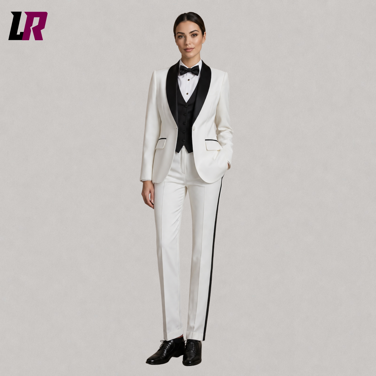 Women wearing a white 3 piece tuxedo suit with black lapel, full body elegant wedding formal outfit