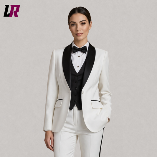 Close up view of women’s white tuxedo suit with black satin lapel detailing and elegant tailored design