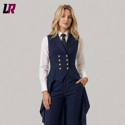 Women’s Navy Blue Tailcoat Suit | Formal Double Breasted Vest Blazer Pants Suit