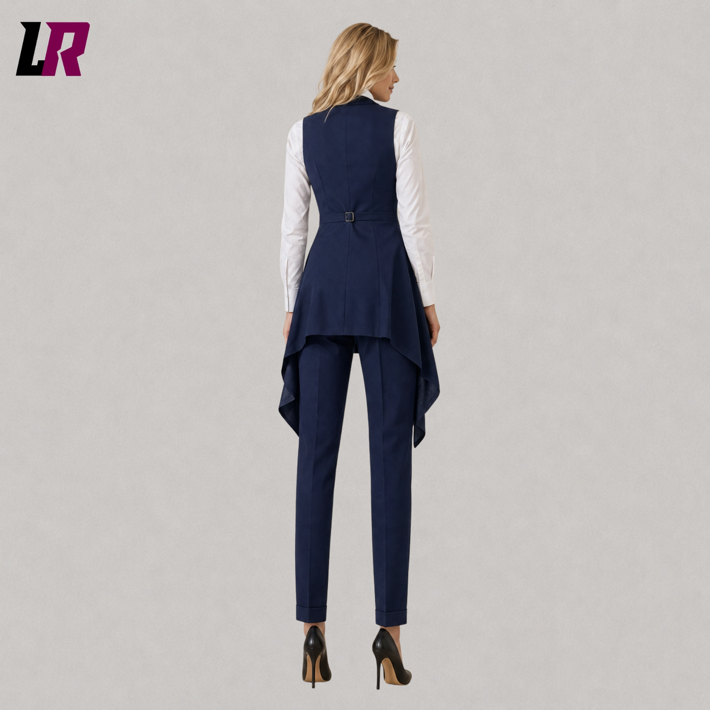 Back view of women’s navy blue formal tailcoat suit showcasing the tailored blazer and elegant silhouette