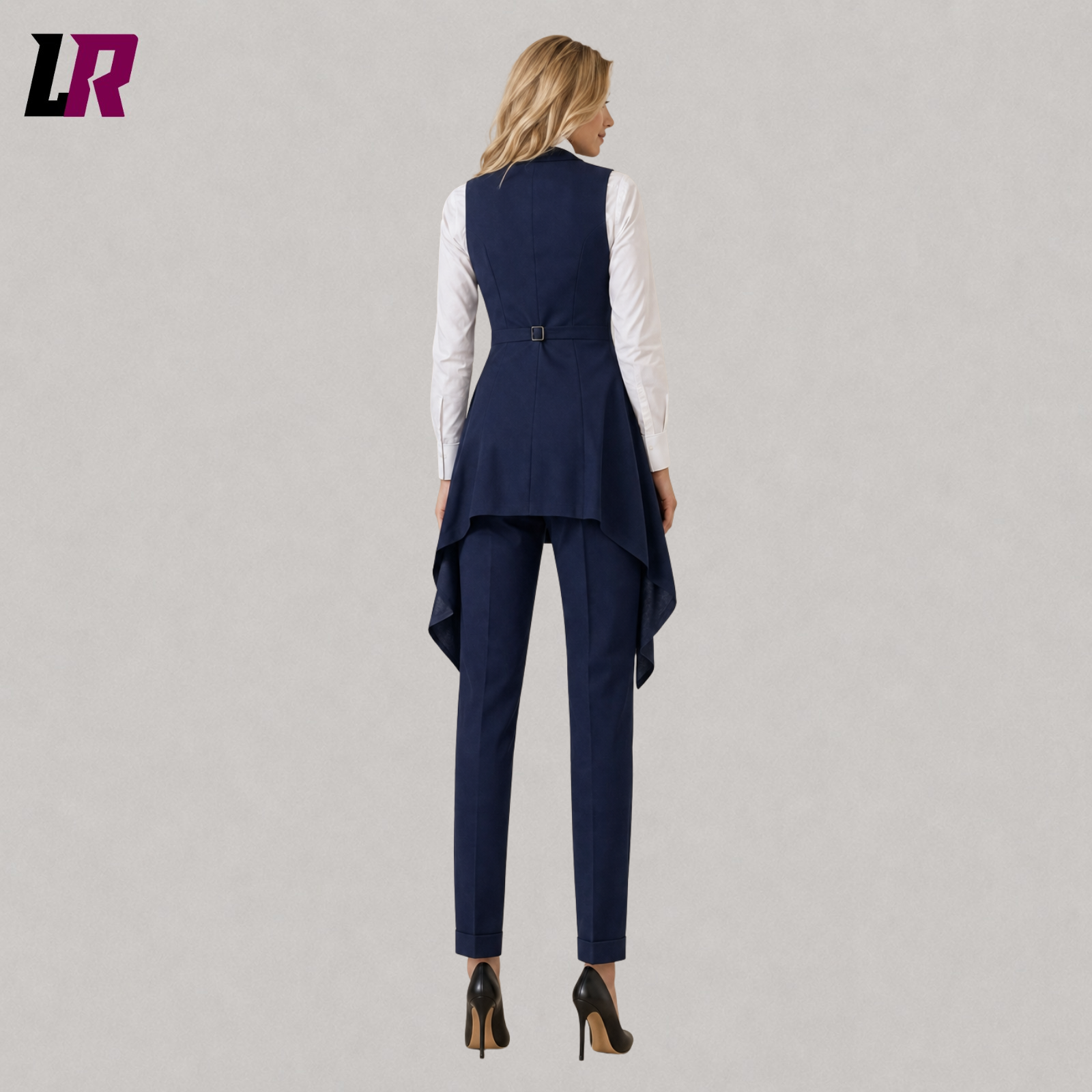 Back view of women’s navy blue formal tailcoat suit showcasing the tailored blazer and elegant silhouette