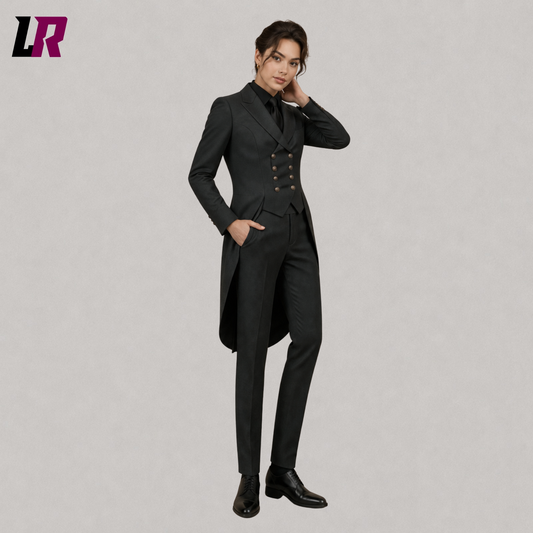 Woman wearing a black tailcoat tuxedo suit with double-breasted blazer and tailored pants, full front view
