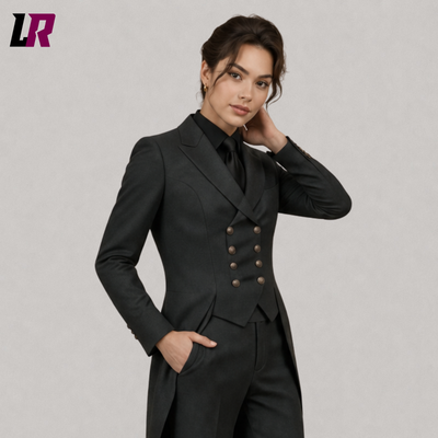 Women’s Black Tailcoat Suit | Double Breasted Formal Tuxedo Style Power Suit