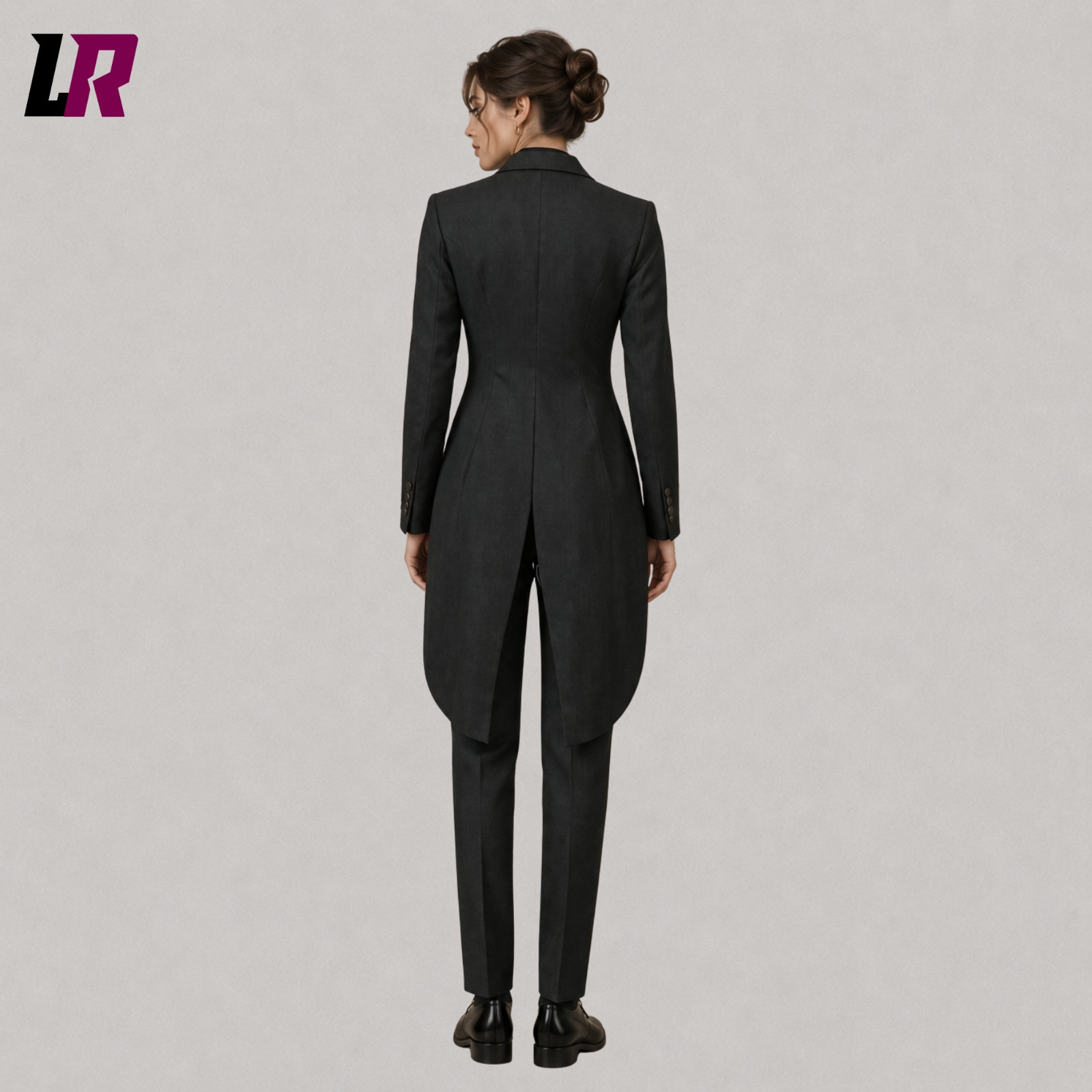 Back view of women's black formal tailcoat suit showcasing the elegant tailored silhouette