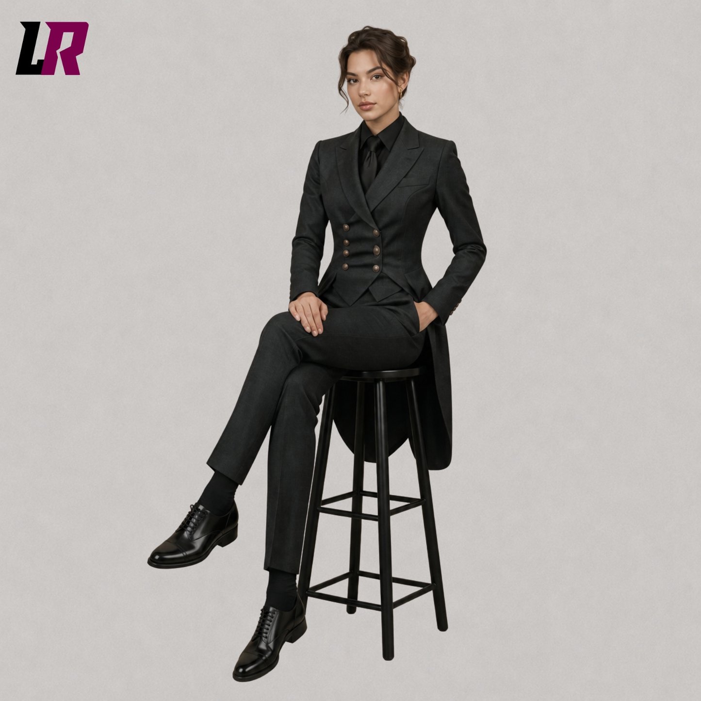 Woman sitting on a stool wearing a luxury black tailcoat tuxedo style power suit with tailored formal design