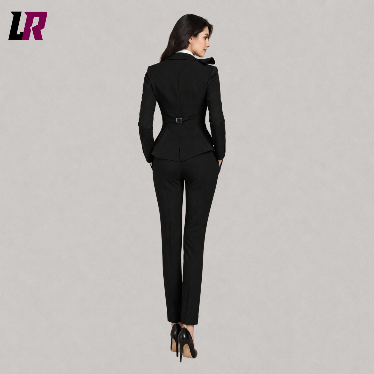 Back view of women's black tailored blazer suit showcasing the elegant business suit silhouette