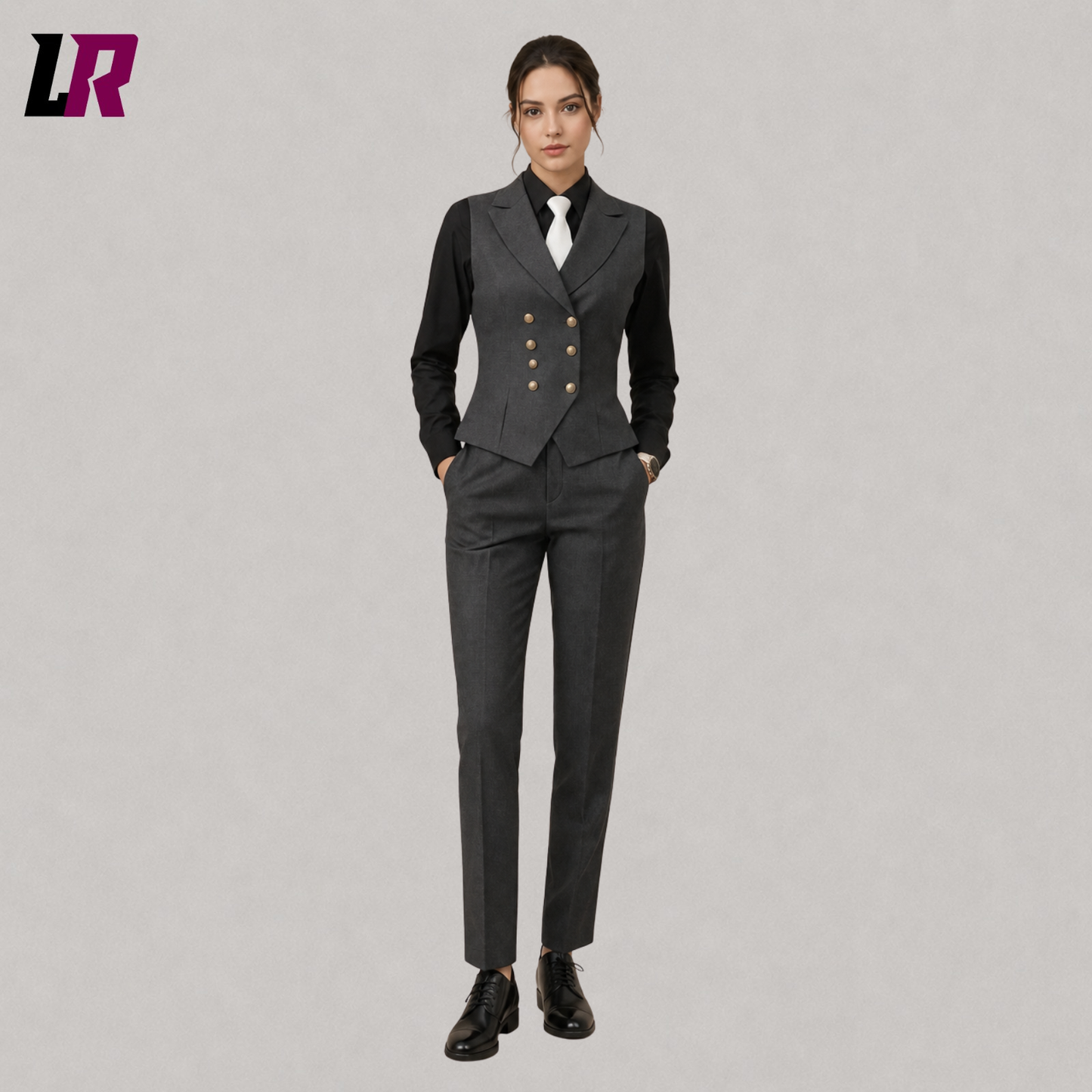 Woman wearing a grey formal business suit with matching vest and tailored pants, full front view