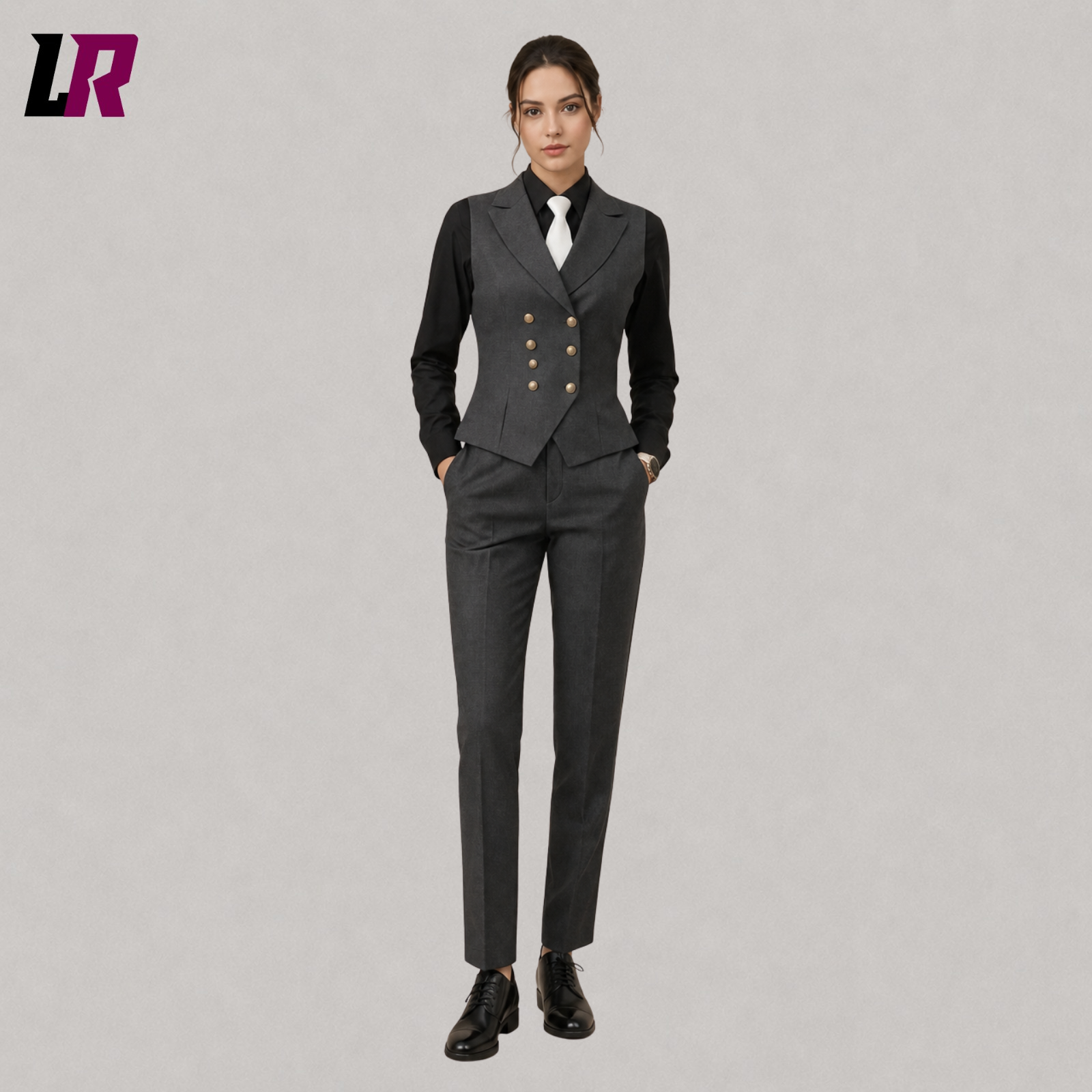 Woman wearing a grey formal business suit with matching vest and tailored pants, full front view