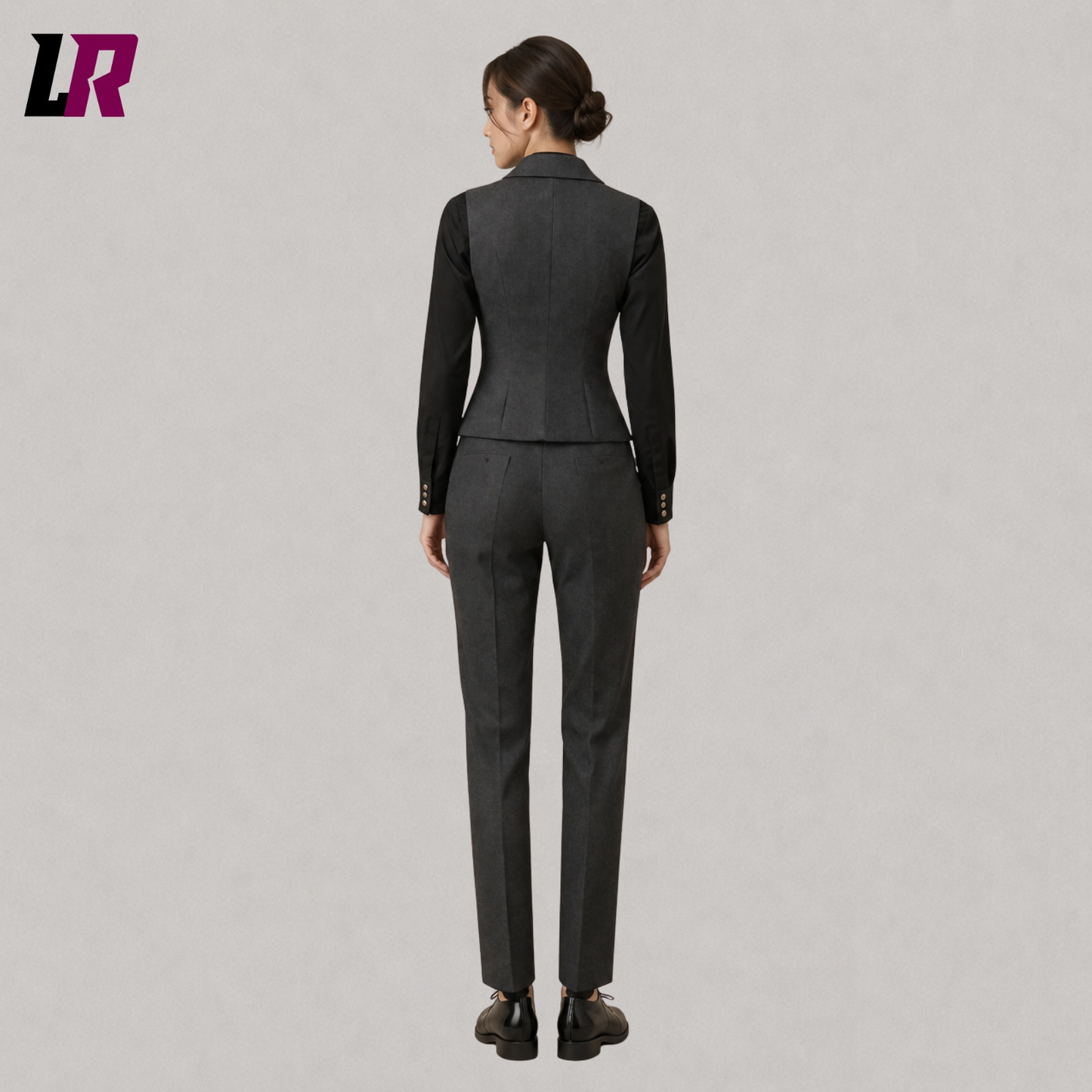 Back view of women’s grey office wear suit showcasing the tailored blazer and elegant silhouette
