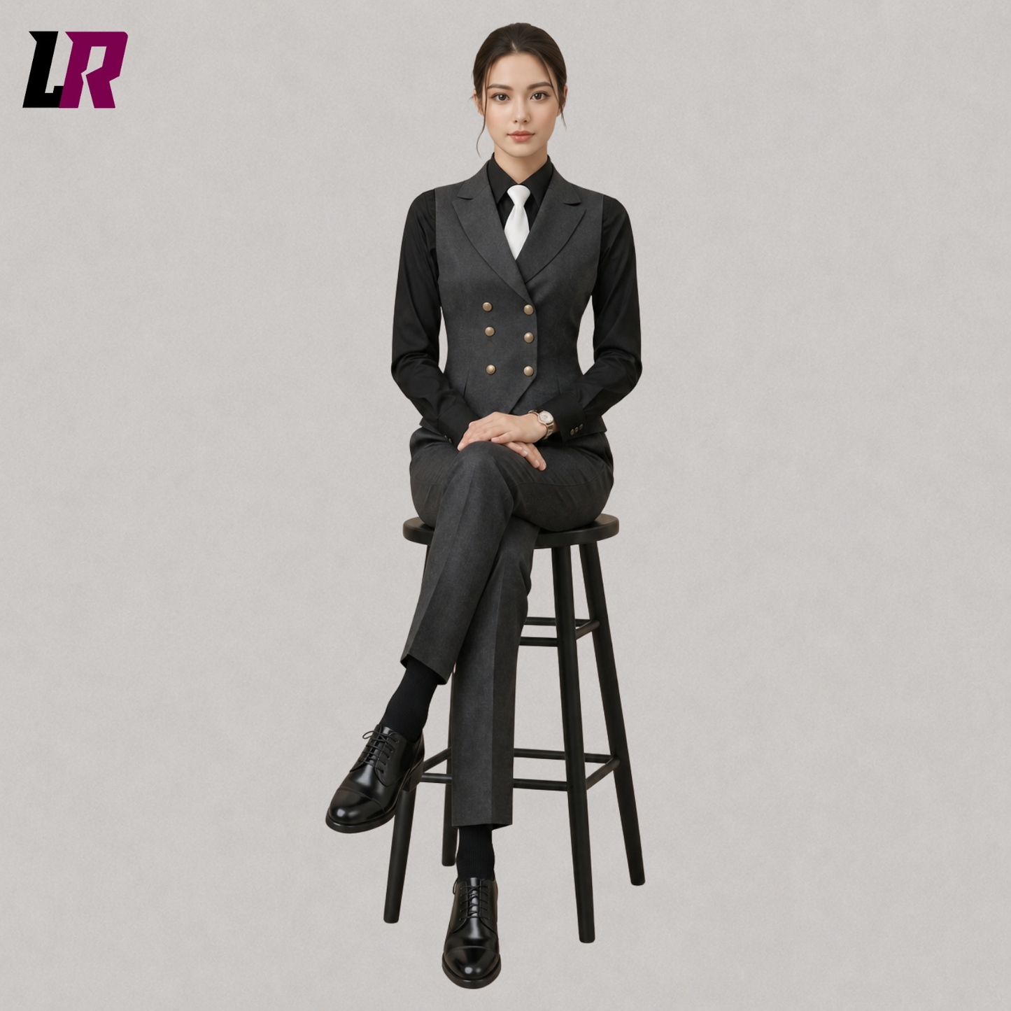 Woman sitting on a stool wearing a custom-size grey business suit with waistcoat and tailored pants