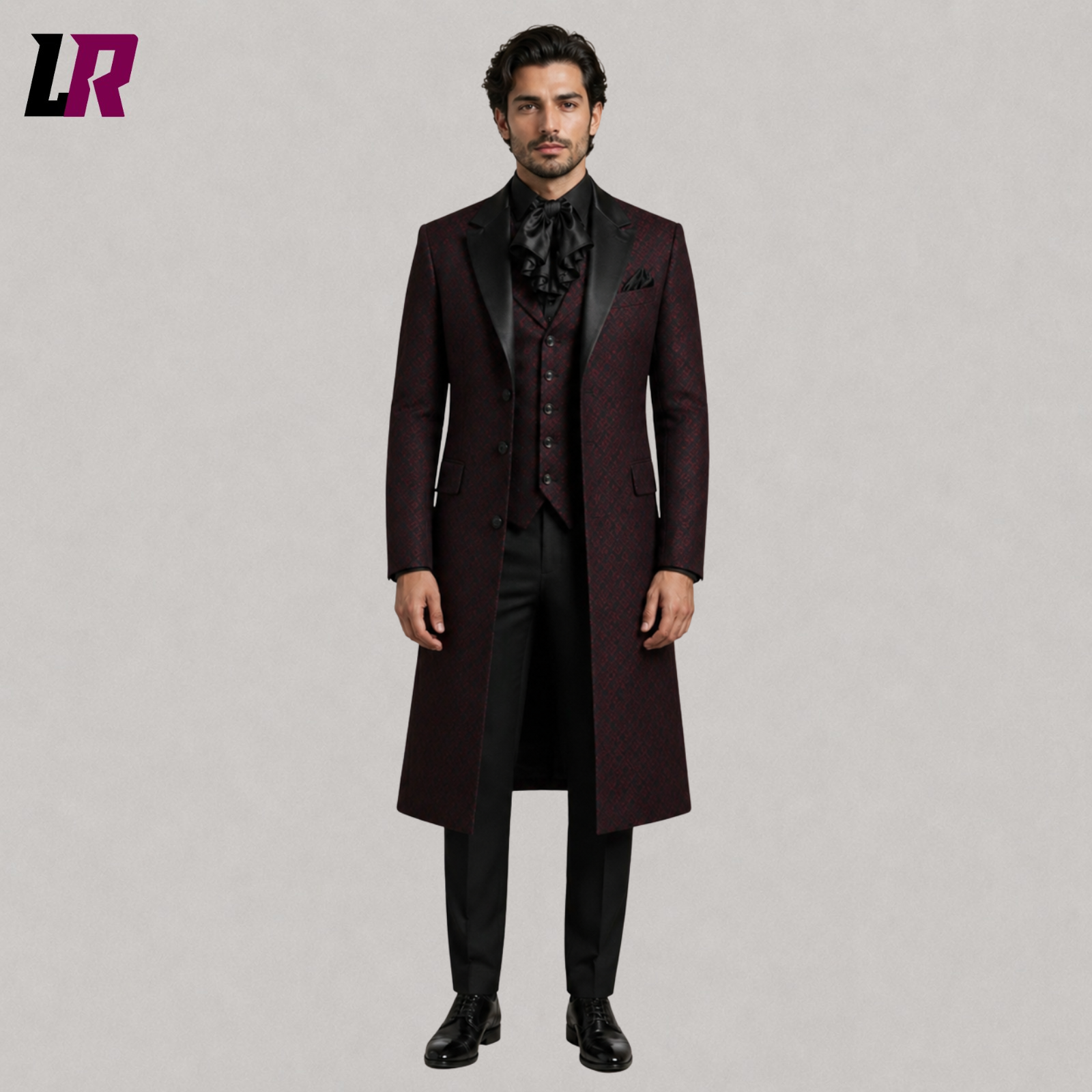 Full front view of Burgundy Gothic Tailcoat Suit for Men with Victorian long coat black pants and matching vest