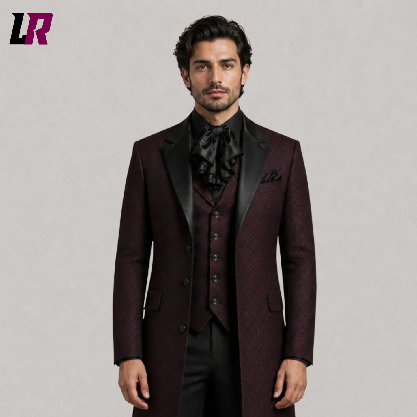Close-up of Burgundy Gothic Tailcoat Suit for Men featuring Victorian lapel detailing and premium formal tailoring