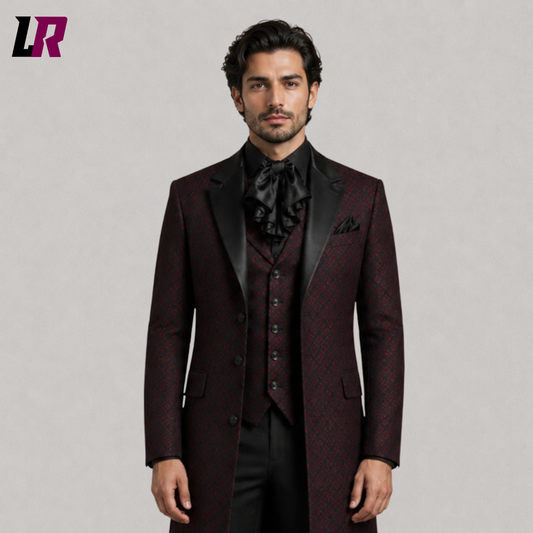 Close-up of Burgundy Gothic Tailcoat Suit for Men featuring Victorian lapel detailing and premium formal tailoring