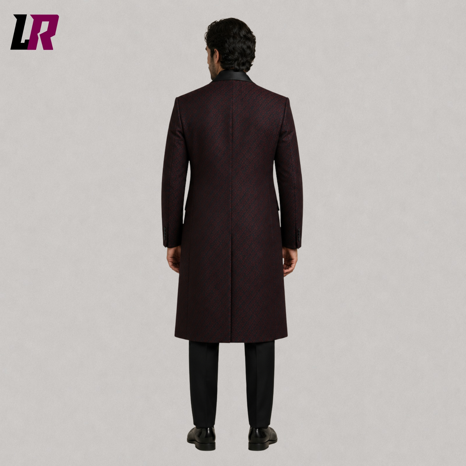 Back view of Burgundy Victorian Gothic Tailcoat Suit for Men showing elegant long coat design and tailored fit