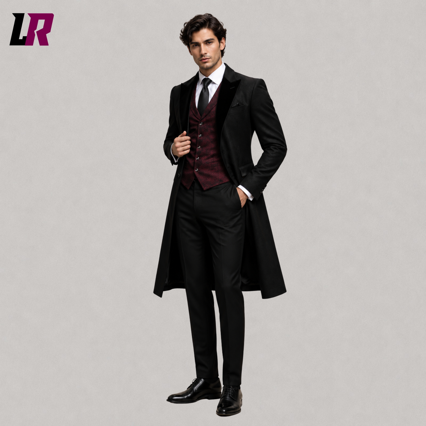 Front view of men's black Gothic tailcoat suit with burgundy vest and black pants