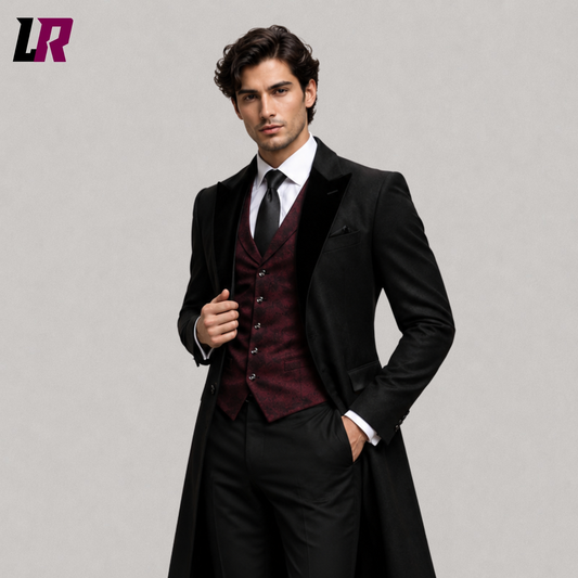 Close-up of men's black Gothic tailcoat suit with burgundy vest and Victorian tailoring