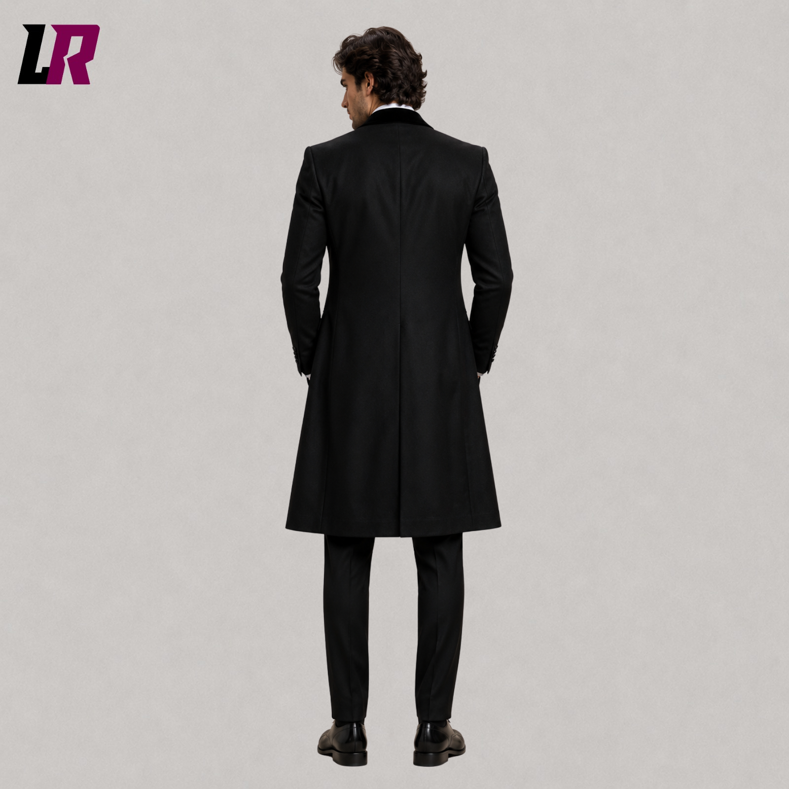 Back view of men's Victorian black Gothic tailcoat suit showing long coat design