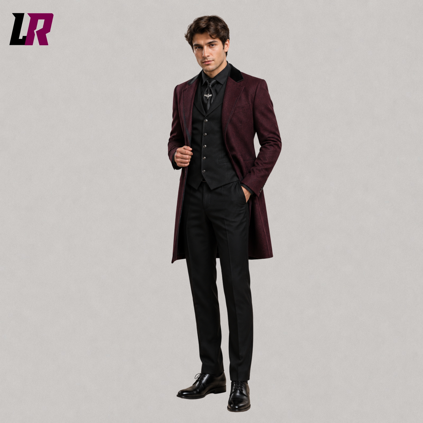 Front view of men's burgundy Gothic brocade blazer with tailored Victorian formal design
