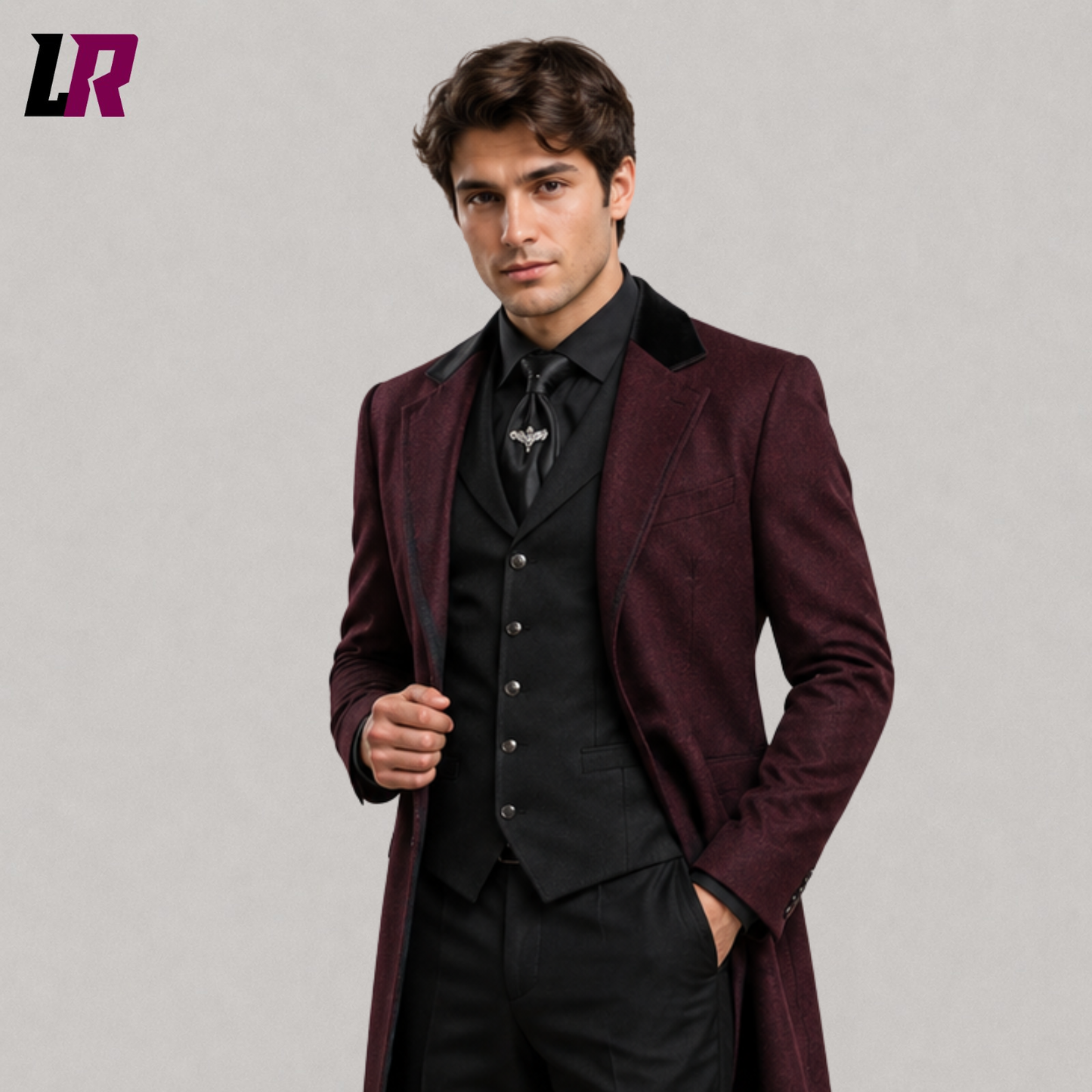 Close-up of men's burgundy Gothic brocade blazer with luxurious Victorian floral pattern