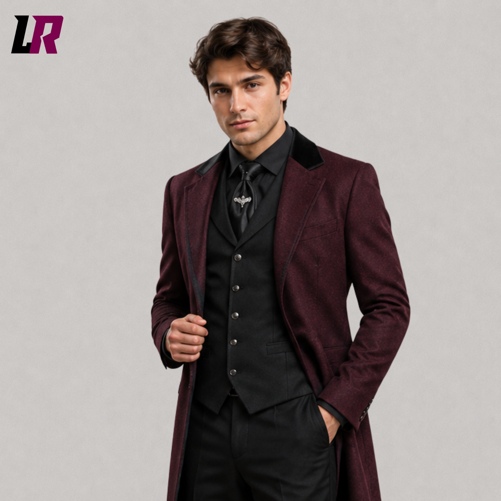 Close-up of men's burgundy Gothic brocade blazer with luxurious Victorian floral pattern