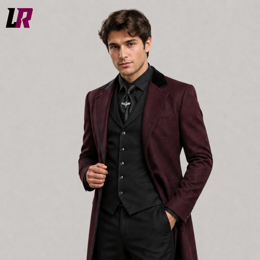 Close-up of men's burgundy Gothic brocade blazer with luxurious Victorian floral pattern