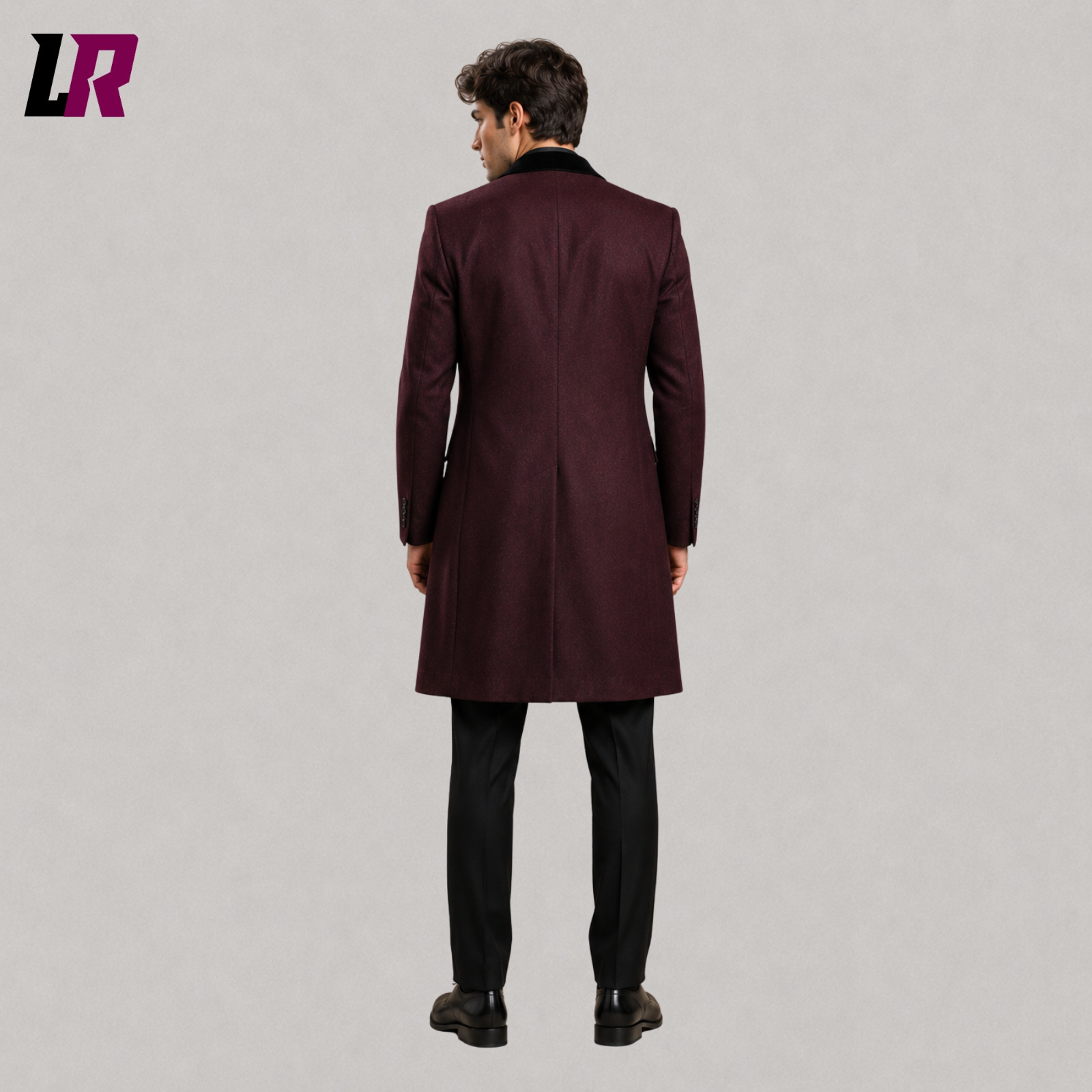 Back view of men's burgundy Victorian brocade blazer showing elegant tailored fit